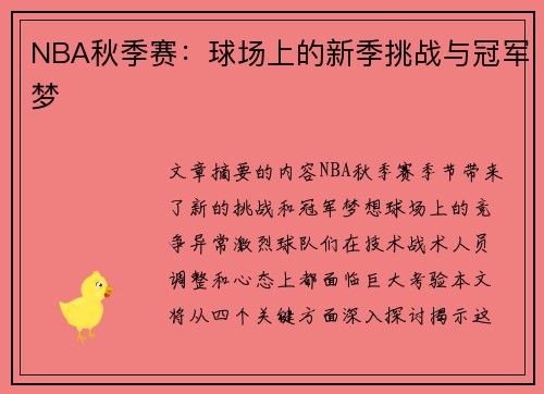 NBA秋季赛：球场上的新季挑战与冠军梦